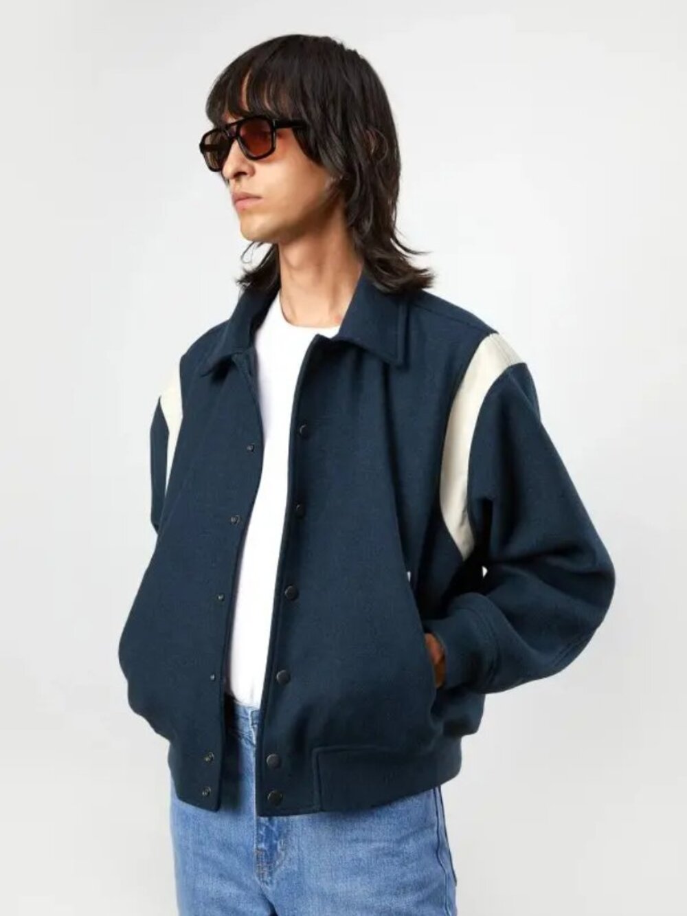 OAK + FORT Sky Captain Navy Blue Wool Blend Varsity Bomber Jacket, Size XS